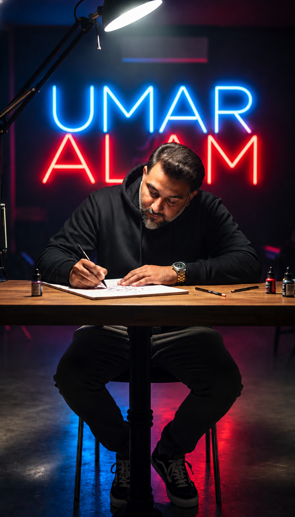 Umar Alam working creatively in his studio