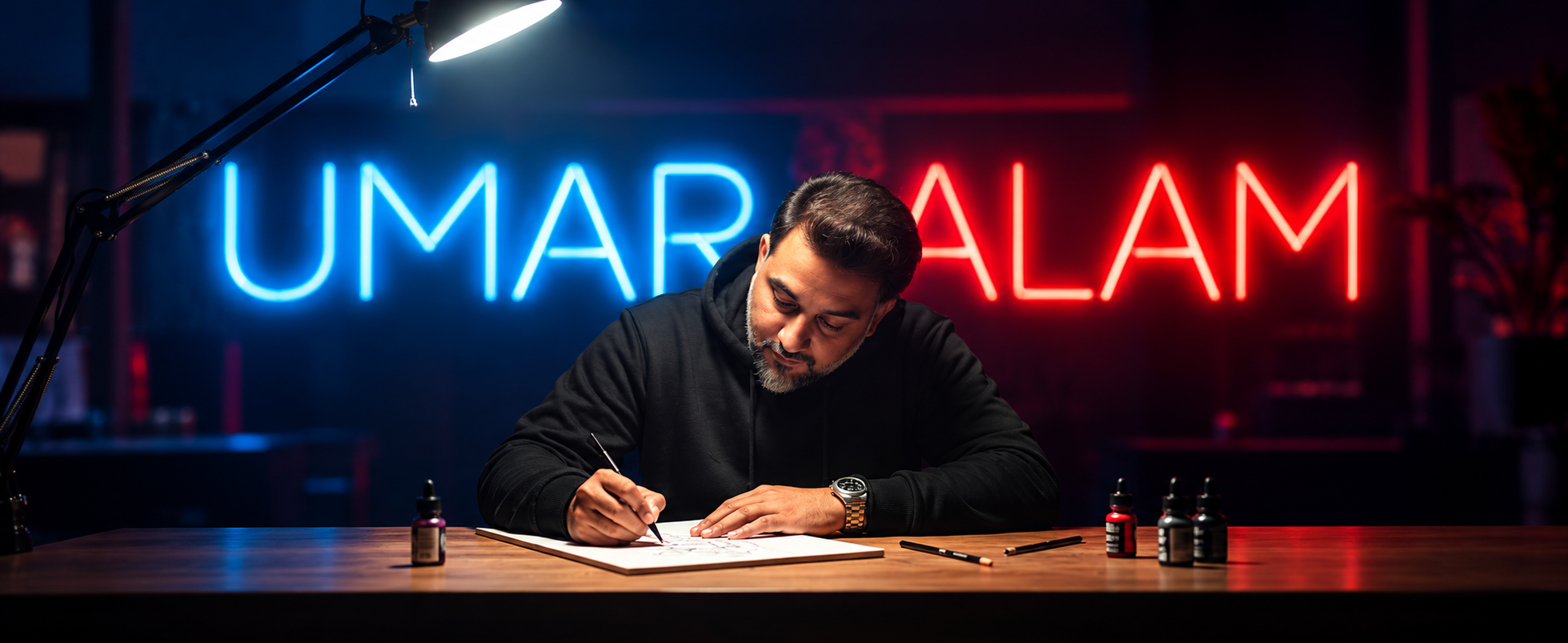 Umar Alam writing at his desk in a blue and red neon studio
