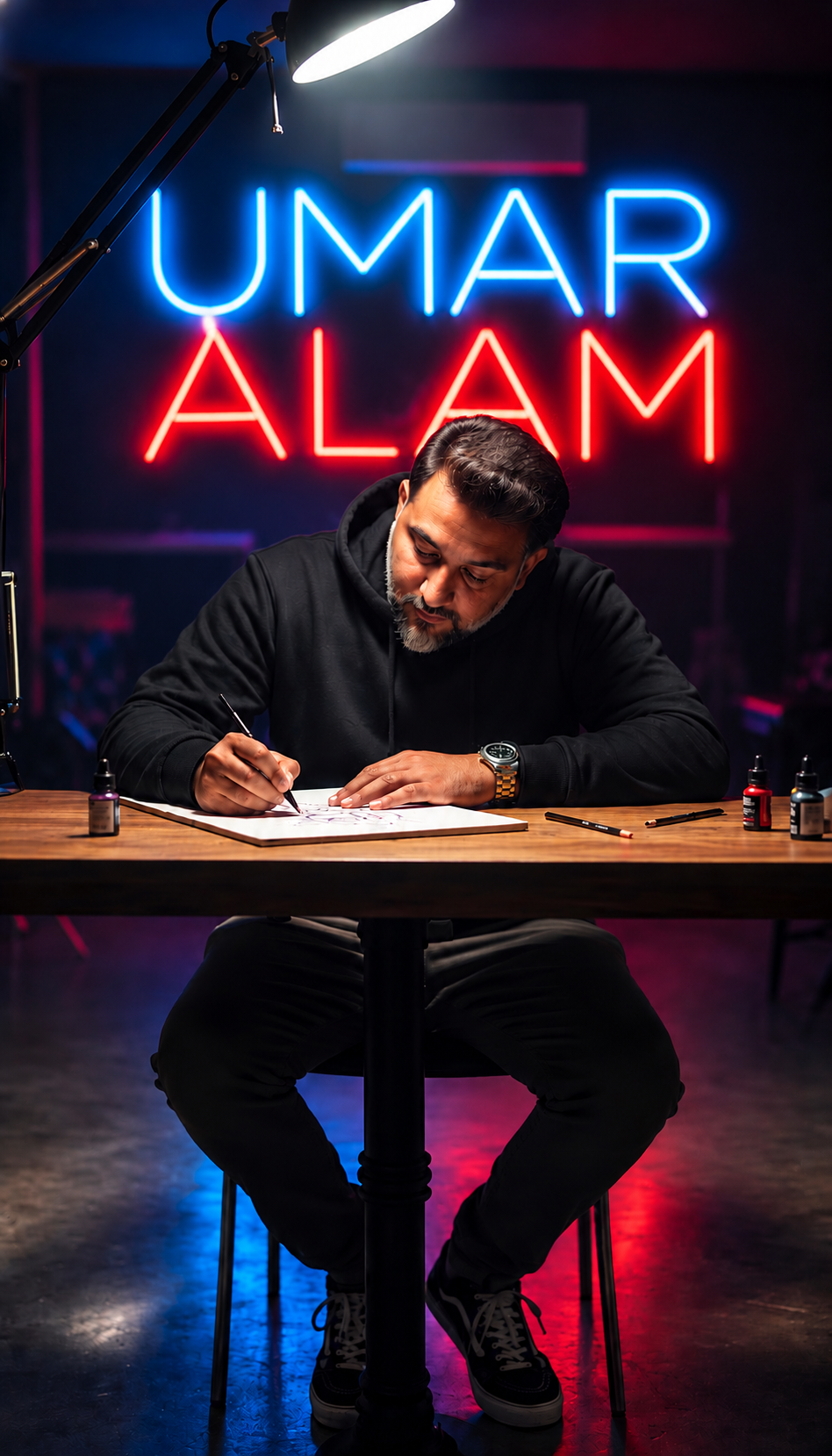 Umar Alam in his neon studio, composed for a mobile screen
